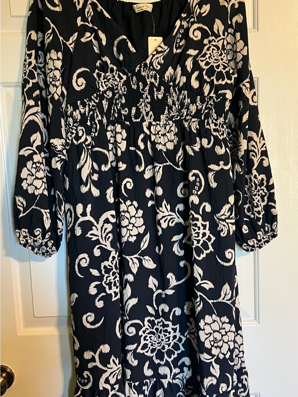 Navy and White Floral Smocked-Waist Women's Midi Dress